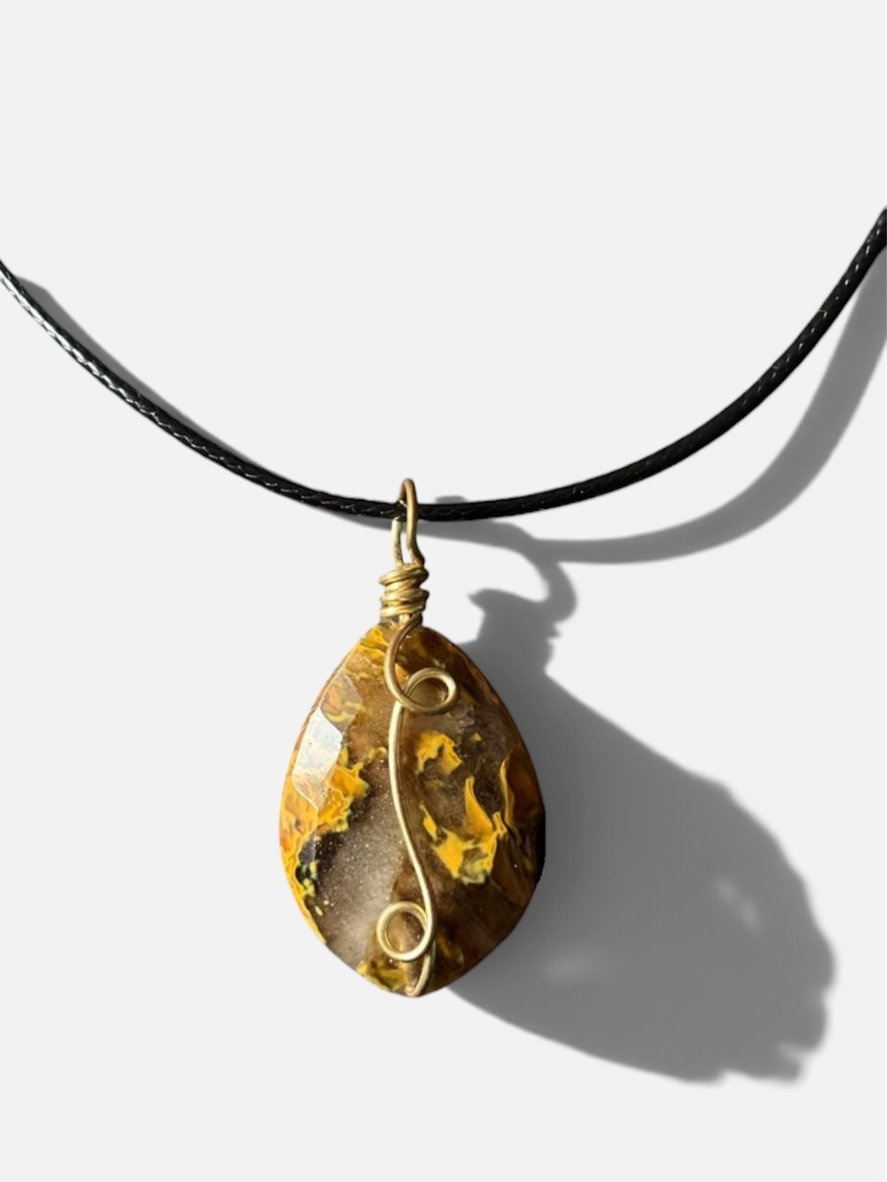 Upcycled Pietersite Teardrop Pendant Necklace |Gold Wrapped | Black Cord